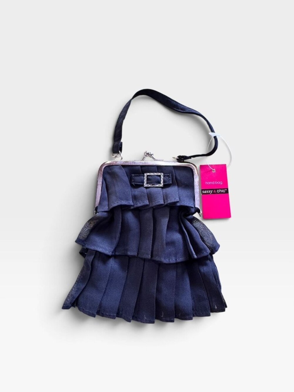 Y2K Sassy & Chic Navy Pleated Handbag With Silver Clasp And Adjustable Strap
